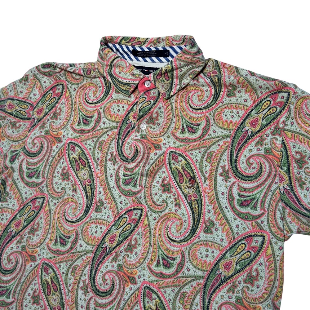 Tommy Hilfiger Retro‎ Paisley Short Sleeve Polo Shirt Golf Preppy Men L Pink